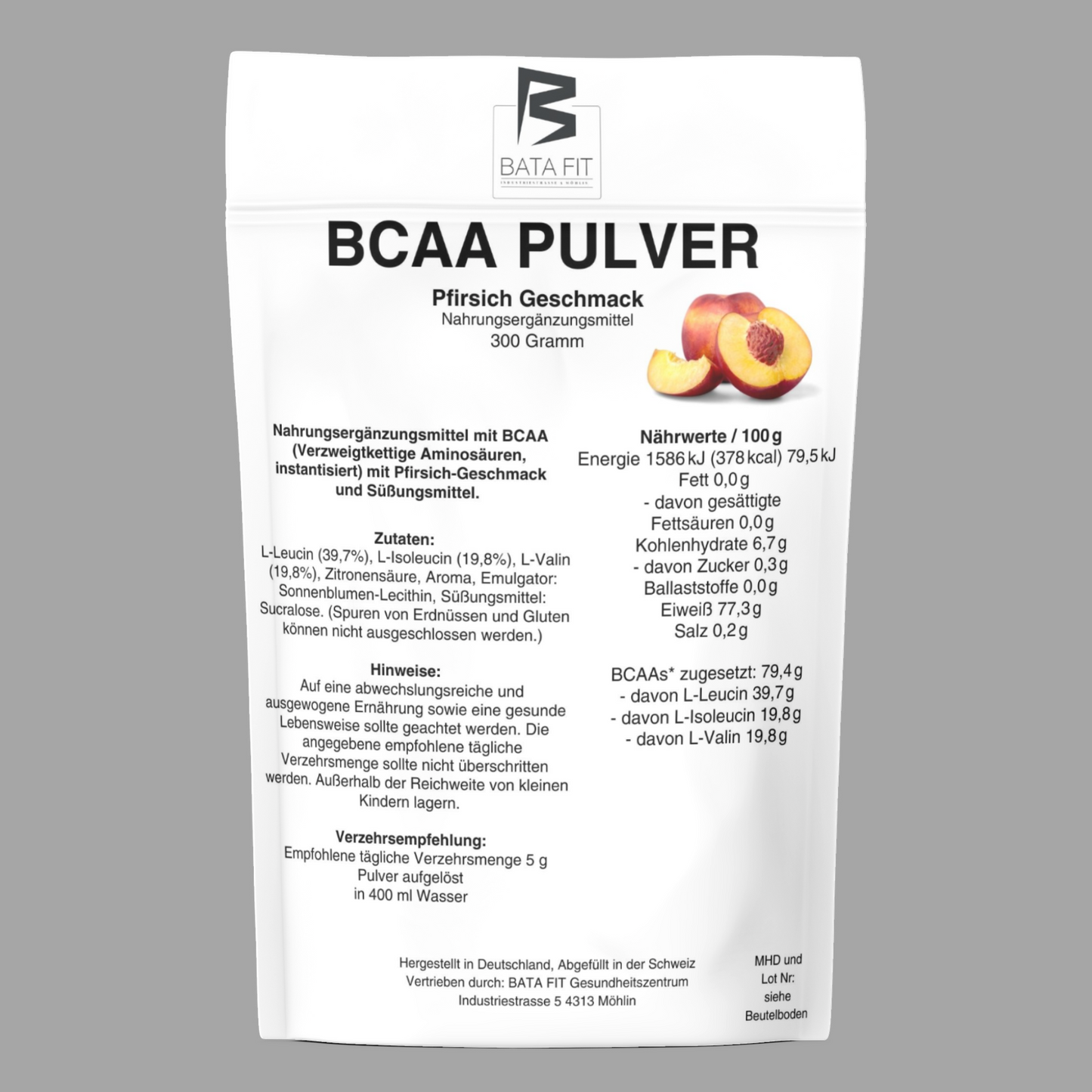 Poudre de BCAA saveur pêche - Contient de la leucine, de l'isoleucine et de la valine