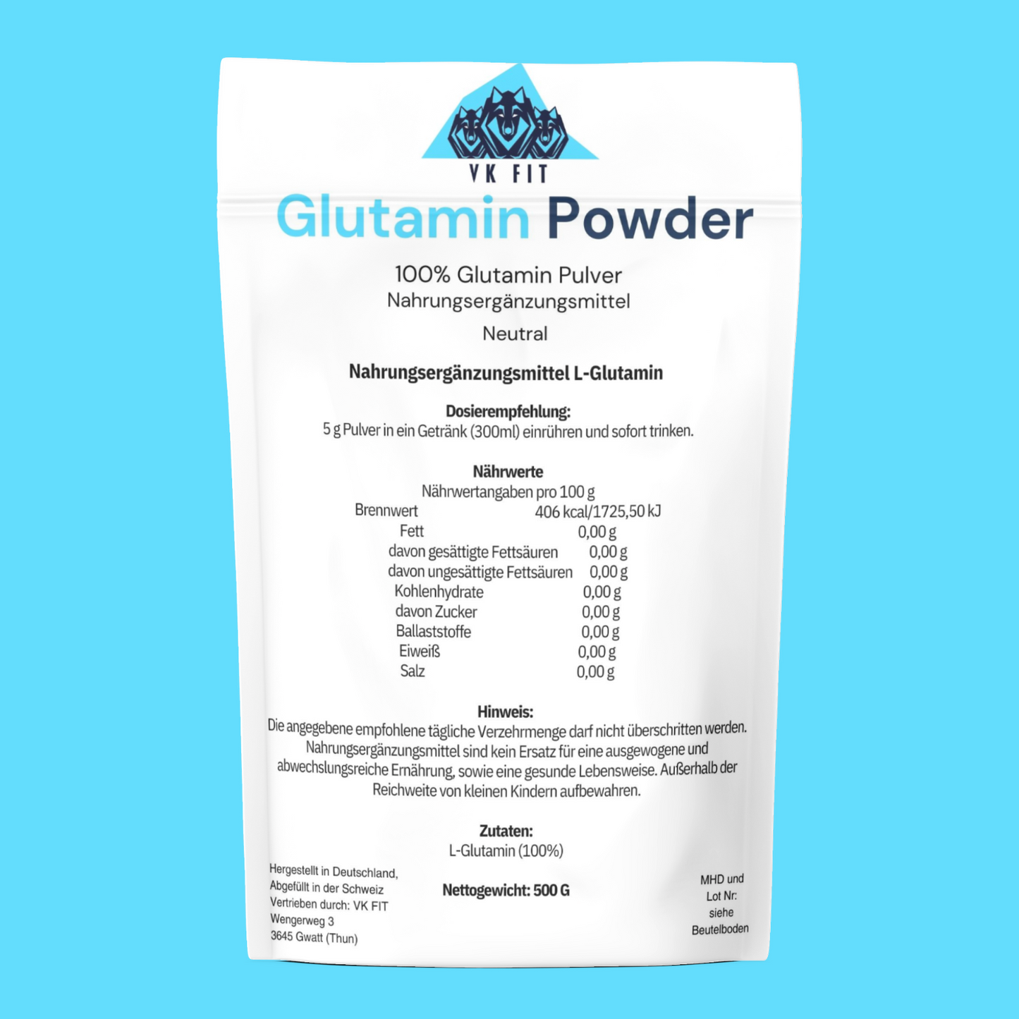 Poudre de glutamine - Glutamine 100 % pure - Sachet de 250 g
