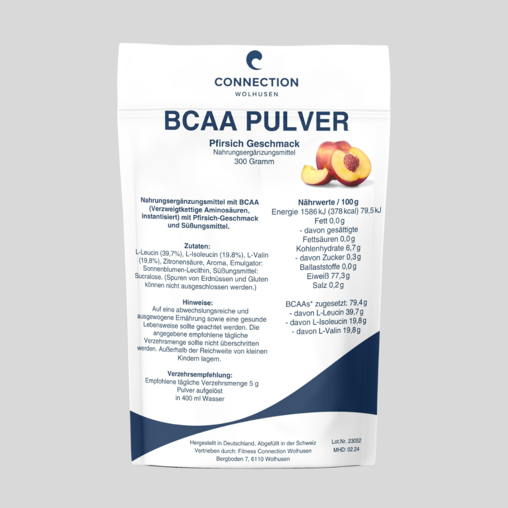 Poudre de BCAA saveur pêche - Contient de la leucine, de l'isoleucine et de la valine